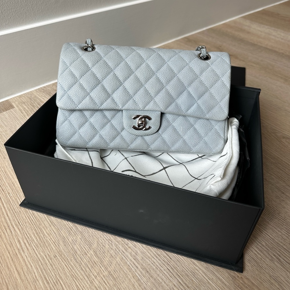 CHANEL Small Classic Handbag (Dove Grey | Light Blue with silver hardware)